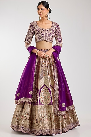 Wine Silk Zardosi Embroidered Handloom Brocade Lehenga Set by Vedant G