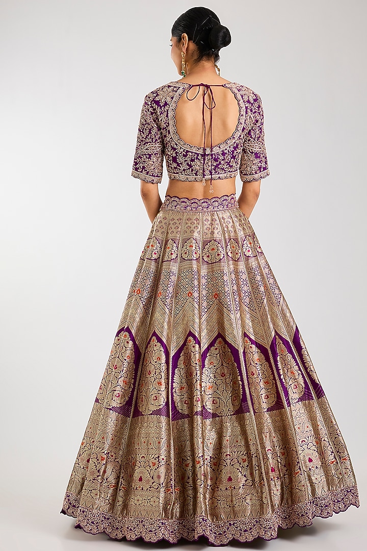 Wine Silk Zardosi Embroidered Handloom Brocade Bridal Lehenga Set by Vedant G at Pernia's Pop Up Shop