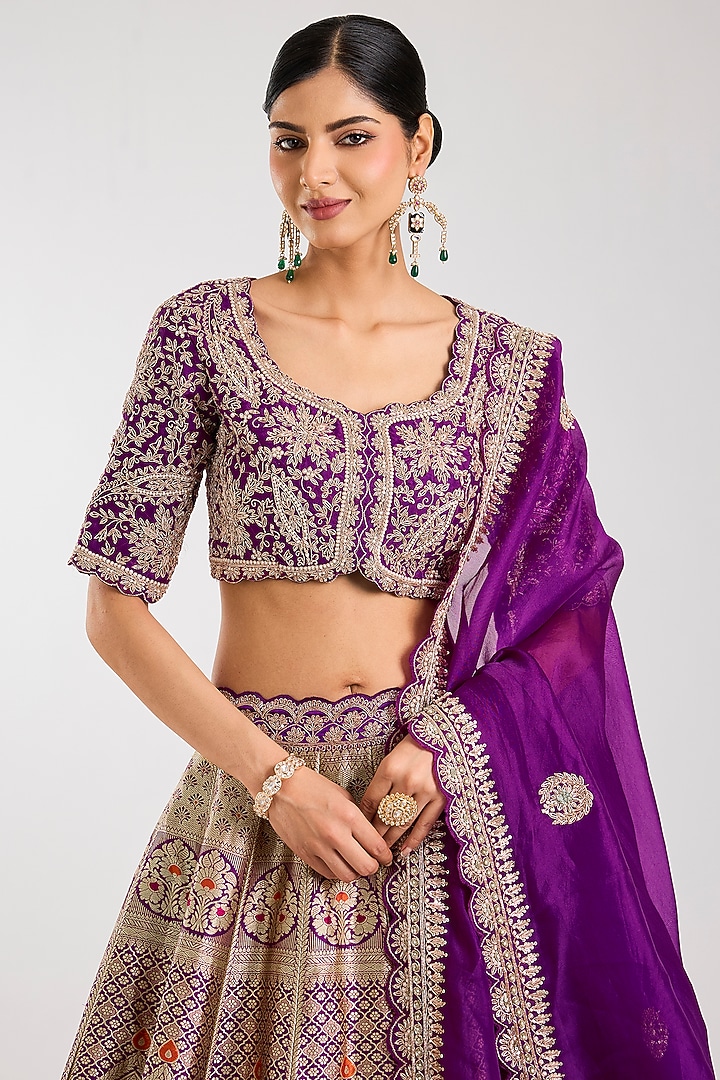 Wine Silk Zardosi Embroidered Handloom Brocade Bridal Lehenga Set by Vedant G at Pernia's Pop Up Shop