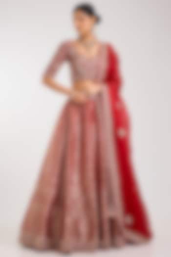 Red Silk Zardosi Embroidered Handloom Brocade Bridal Lehenga Set by Vedant G at Pernia's Pop Up Shop