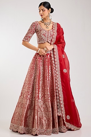 Red Silk Zardosi Embroidered Handloom Brocade Lehenga Set by Vedant G