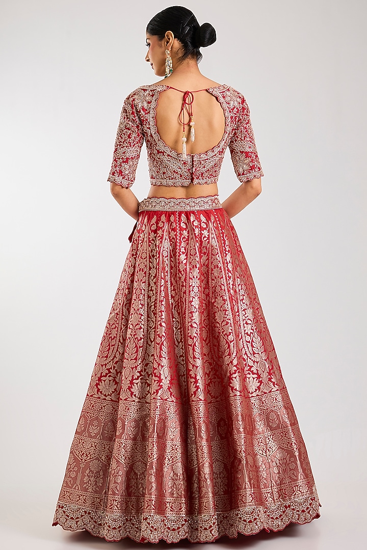 Red Silk Zardosi Embroidered Handloom Brocade Bridal Lehenga Set by Vedant G at Pernia's Pop Up Shop