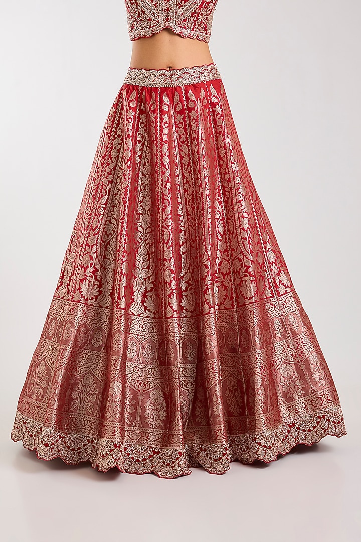Red Silk Zardosi Embroidered Handloom Brocade Bridal Lehenga Set by Vedant G at Pernia's Pop Up Shop
