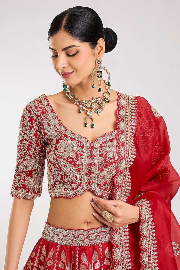 Red Silk Zardosi Embroidered Handloom Brocade Bridal Lehenga Set by Vedant G at Pernia's Pop Up Shop
