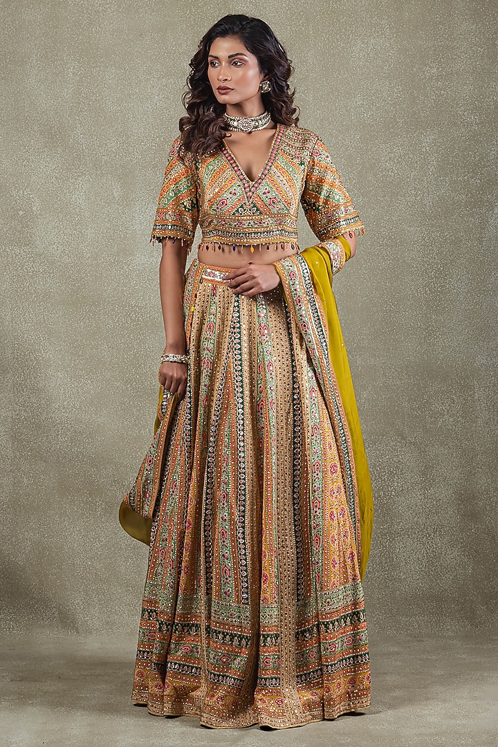 Mehendi Green Crepe Sequin Embellished Wedding Lehenga Set by Vedant G at Pernia's Pop Up Shop