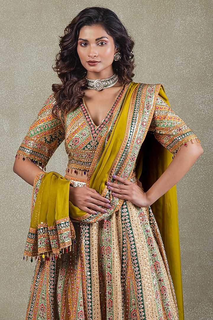 Mehendi Green Crepe Sequin Embellished Wedding Lehenga Set by Vedant G at Pernia's Pop Up Shop