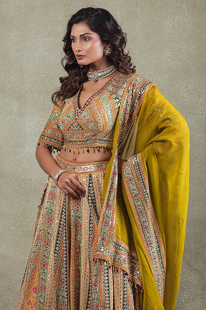 Mehendi Green Crepe Sequin Embellished Wedding Lehenga Set by Vedant G at Pernia's Pop Up Shop