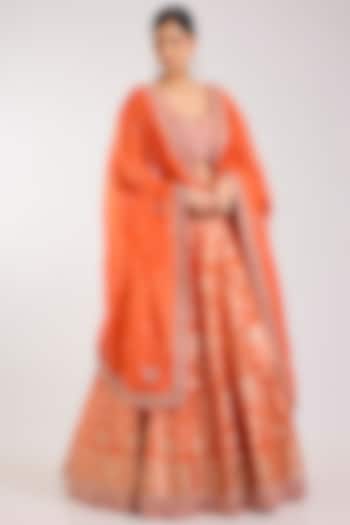 Orange Silk Zardosi Embroidered Handloom Brocade Bridal Lehenga Set by Vedant G at Pernia's Pop Up Shop