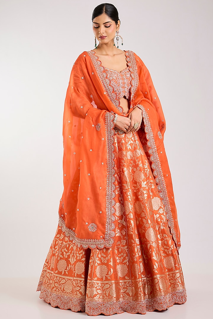 Orange Silk Zardosi Embroidered Handloom Brocade Bridal Lehenga Set by Vedant G at Pernia's Pop Up Shop