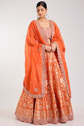 Orange Silk Zardosi Embroidered Handloom Brocade Lehenga Set by Vedant G