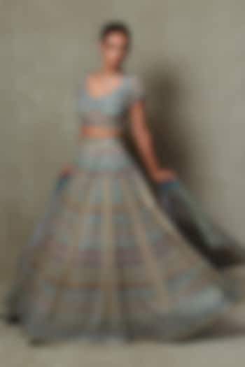 Teal Blue Crepe Digital Printed Wedding Lehenga Set by Vedant G at Pernia's Pop Up Shop