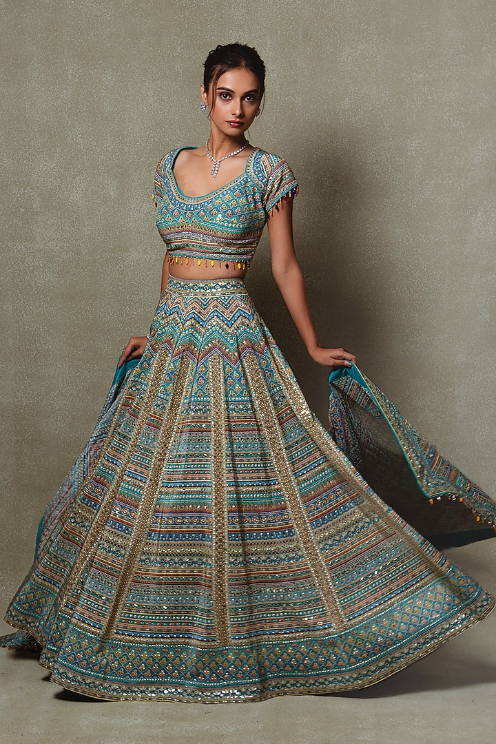 Teal Blue Crepe Digital Printed Wedding Lehenga Set by Vedant G at Pernia's Pop Up Shop