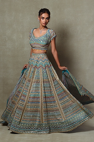 Teal Blue Crepe Digital Printed Lehenga Set by Vedant G