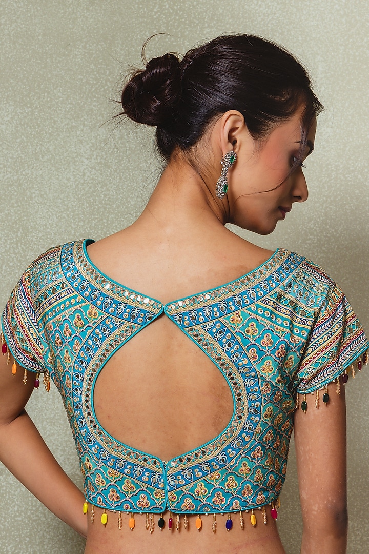 Teal Blue Crepe Digital Printed Wedding Lehenga Set by Vedant G at Pernia's Pop Up Shop