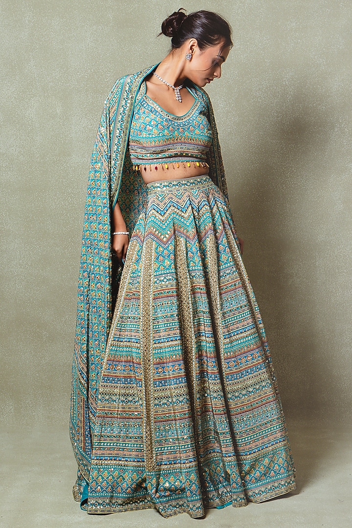Teal Blue Crepe Digital Printed Wedding Lehenga Set by Vedant G at Pernia's Pop Up Shop