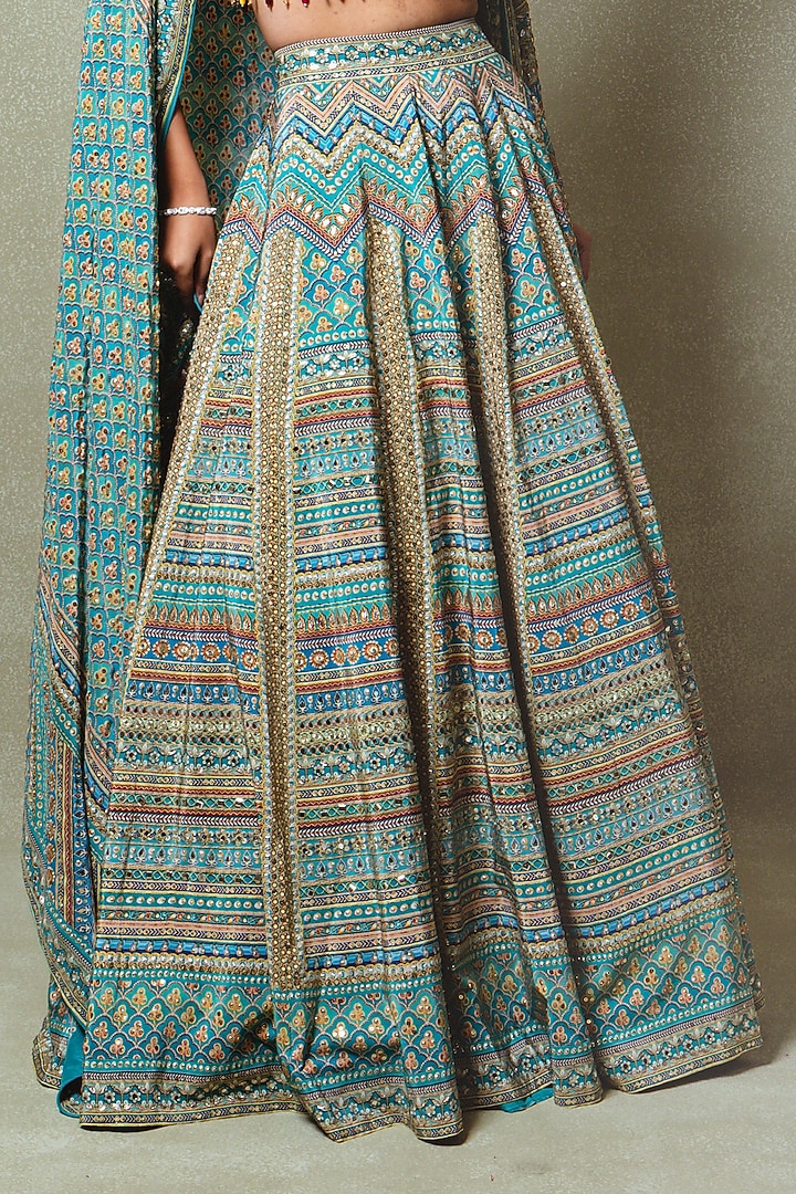 Teal Blue Crepe Digital Printed Wedding Lehenga Set by Vedant G at Pernia's Pop Up Shop