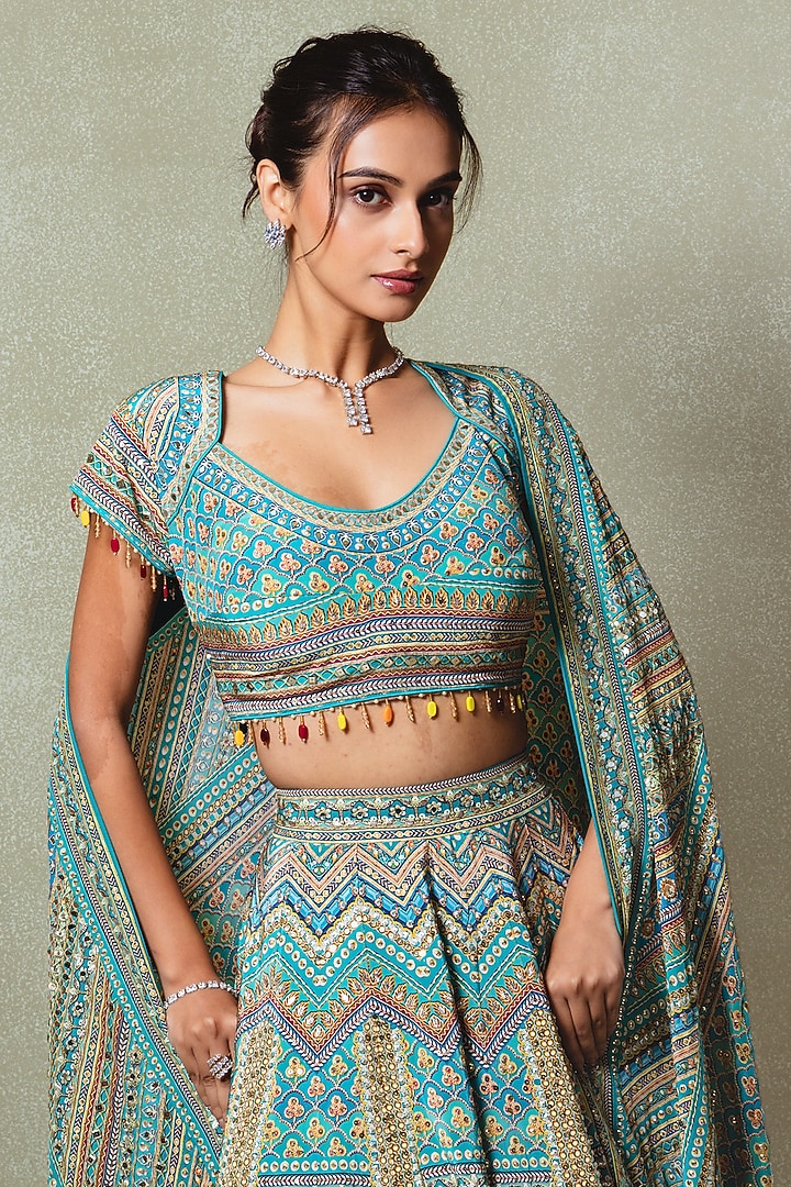 Teal Blue Crepe Digital Printed Wedding Lehenga Set by Vedant G at Pernia's Pop Up Shop