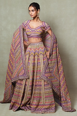 Purple Crepe Digital Printed Lehenga Set by Vedant G