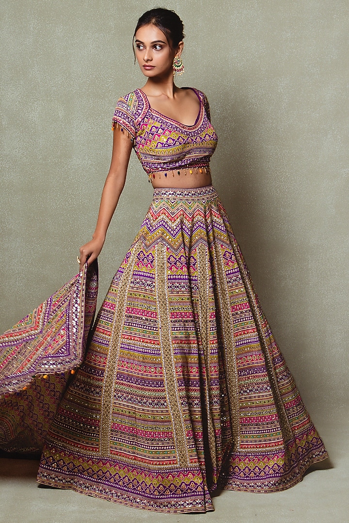 Purple Crepe Digital Printed Wedding Lehenga Set by Vedant G at Pernia's Pop Up Shop