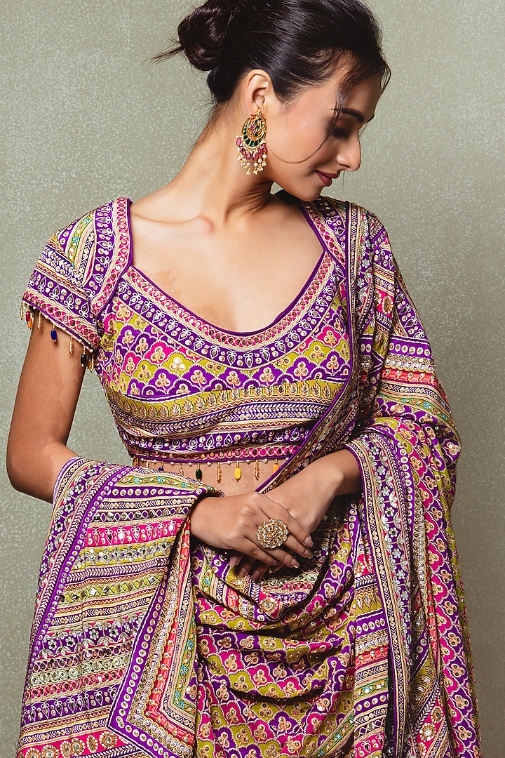 Purple Crepe Digital Printed Wedding Lehenga Set by Vedant G at Pernia's Pop Up Shop