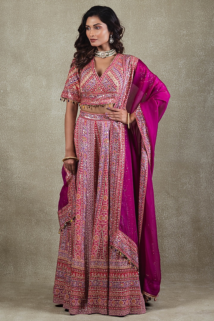Magenta Crepe Sequins Embellished Wedding Lehenga Set by Vedant G at Pernia's Pop Up Shop