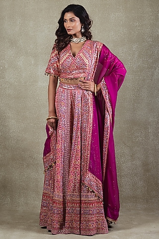 Magenta Crepe Sequins Embellished Lehenga Set by Vedant G
