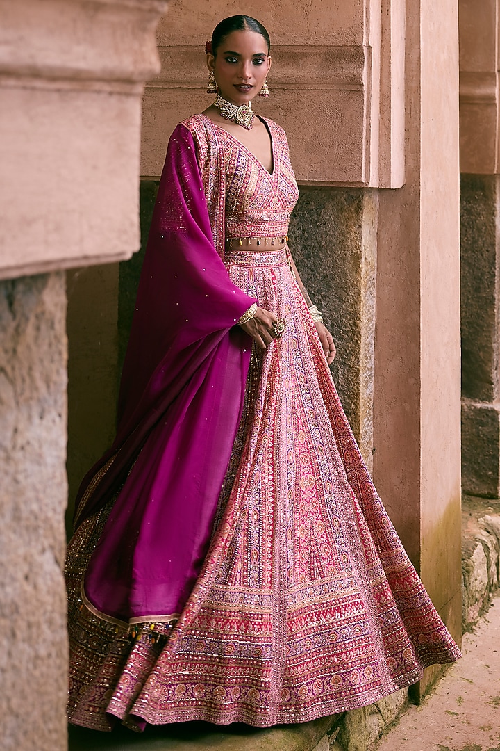 Magenta Crepe Sequins Embellished Wedding Lehenga Set by Vedant G at Pernia's Pop Up Shop