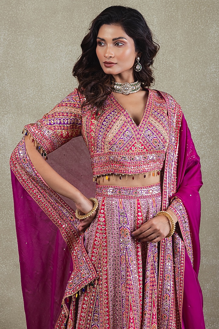 Magenta Crepe Sequins Embellished Wedding Lehenga Set by Vedant G at Pernia's Pop Up Shop