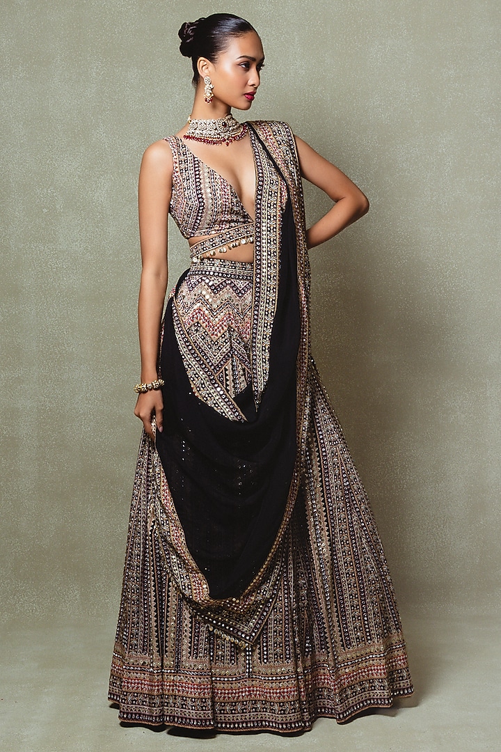 Black Crepe Sequins Mirror Embellished Wedding Lehenga Set by Vedant G at Pernia's Pop Up Shop
