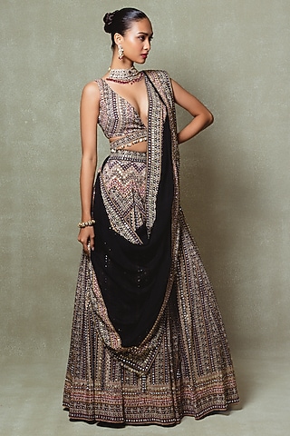 Black Crepe Sequins Mirror Embellished Lehenga Set by Vedant G