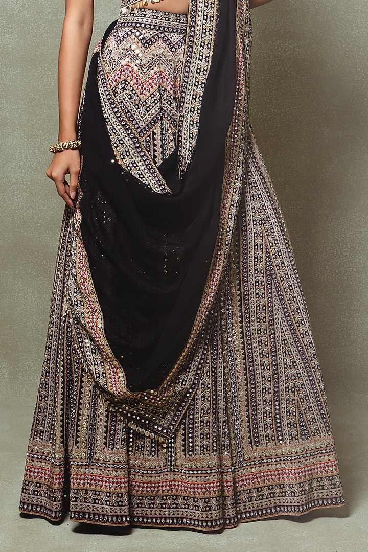 Black Crepe Sequins Mirror Embellished Wedding Lehenga Set by Vedant G at Pernia's Pop Up Shop