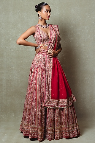 Red Crepe Digital Printed Lehenga Set by Vedant G