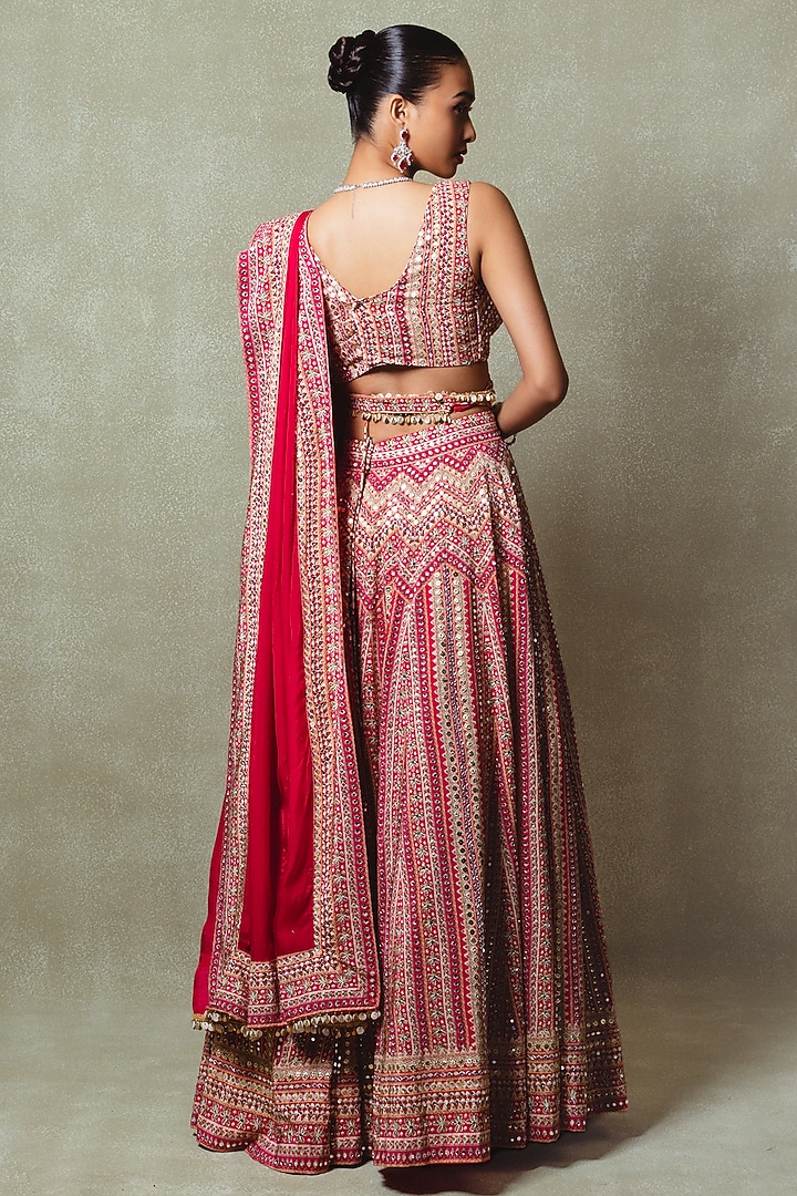 Red Crepe Digital Printed Wedding Lehenga Set by Vedant G at Pernia's Pop Up Shop