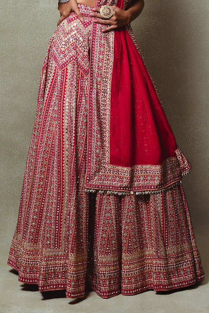 Red Crepe Digital Printed Wedding Lehenga Set by Vedant G at Pernia's Pop Up Shop