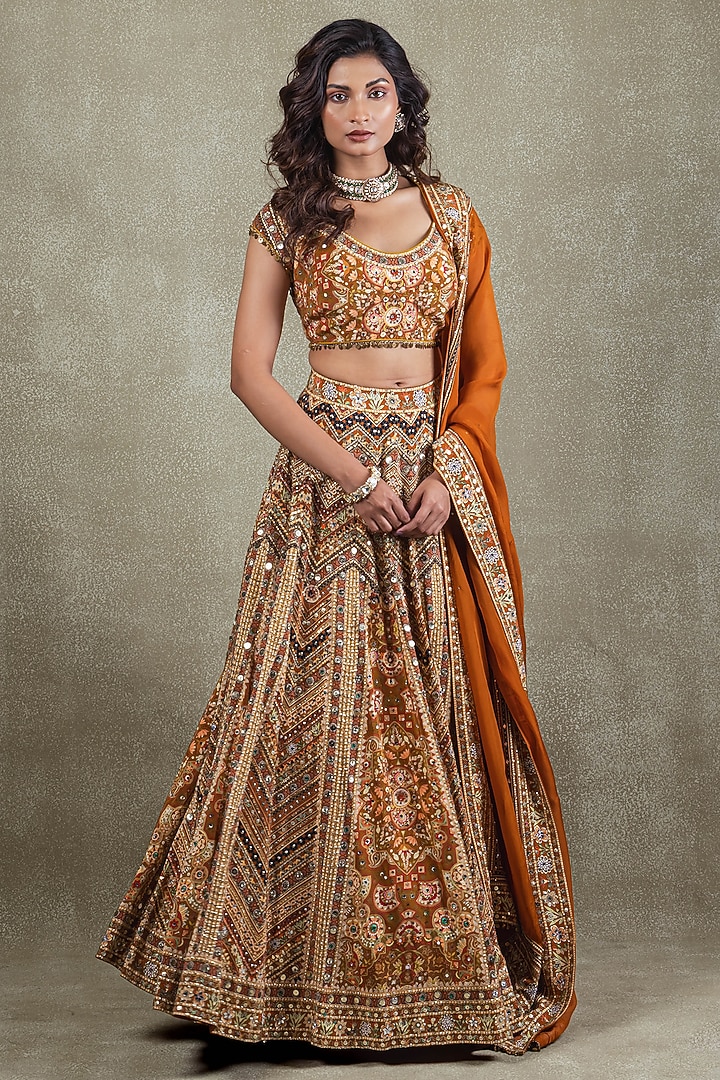 Rust Crepe Digital Printed Wedding Lehenga Set by Vedant G at Pernia's Pop Up Shop