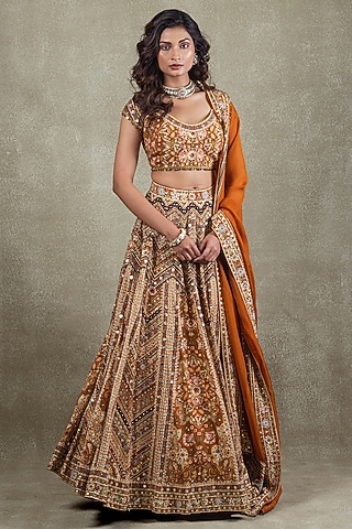 Rust Crepe Digital Printed Lehenga Set by Vedant G