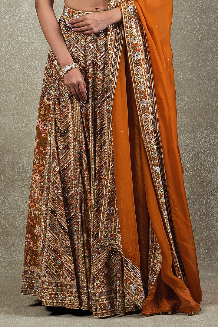 Rust Crepe Digital Printed Wedding Lehenga Set by Vedant G at Pernia's Pop Up Shop