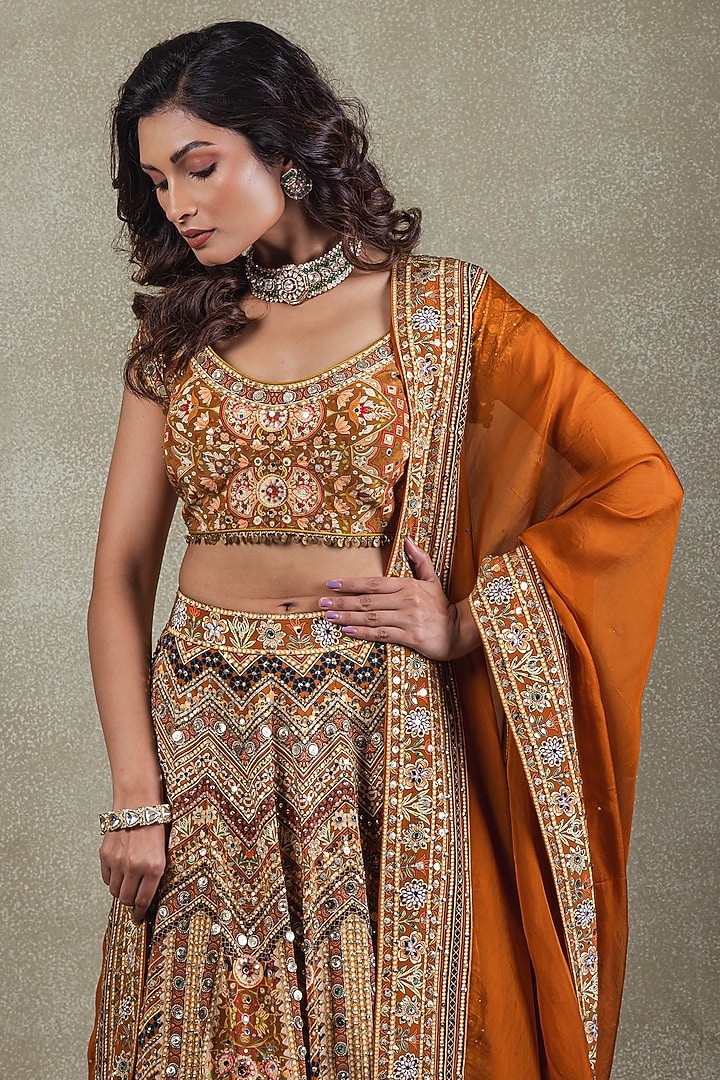 Rust Crepe Digital Printed Wedding Lehenga Set by Vedant G at Pernia's Pop Up Shop