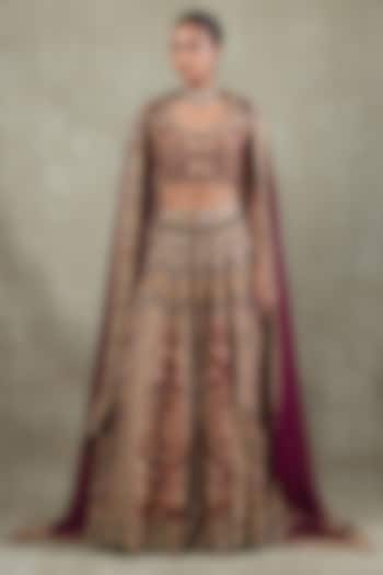Wine Crepe Digital Printed Wedding Lehenga Set by Vedant G at Pernia's Pop Up Shop