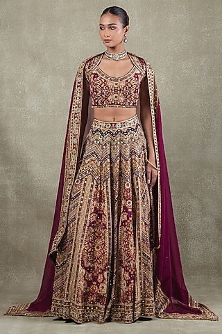 Wine Crepe Digital Printed Lehenga Set by Vedant G