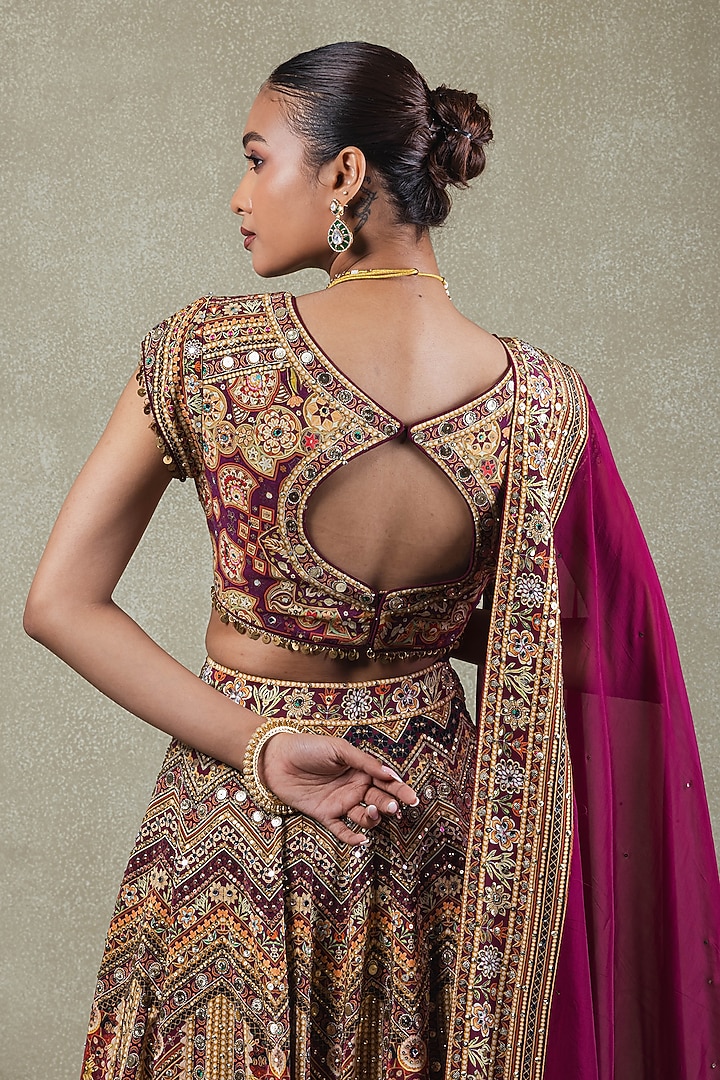 Wine Crepe Digital Printed Wedding Lehenga Set by Vedant G at Pernia's Pop Up Shop