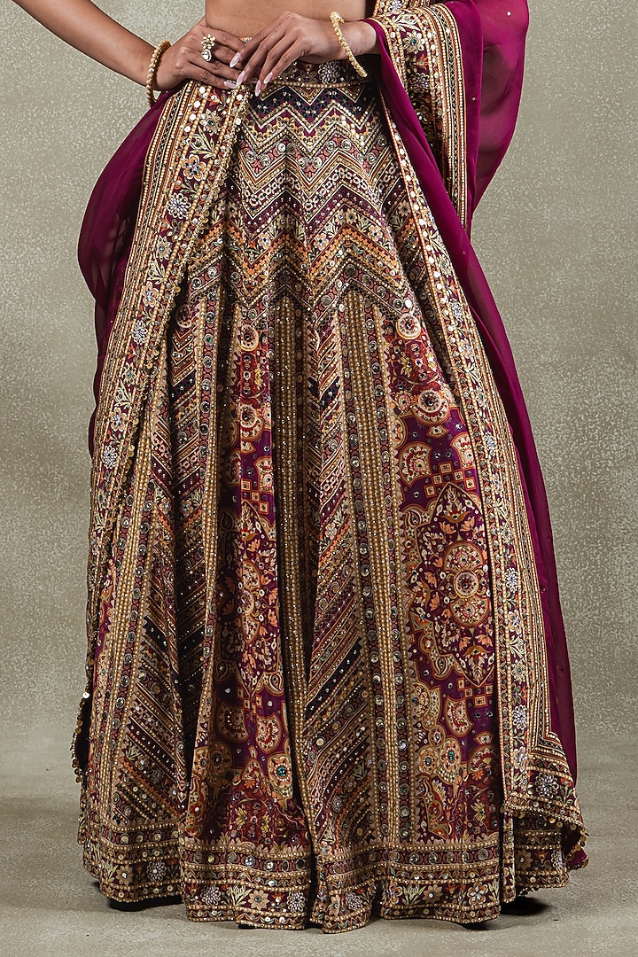 Wine Crepe Digital Printed Wedding Lehenga Set by Vedant G at Pernia's Pop Up Shop