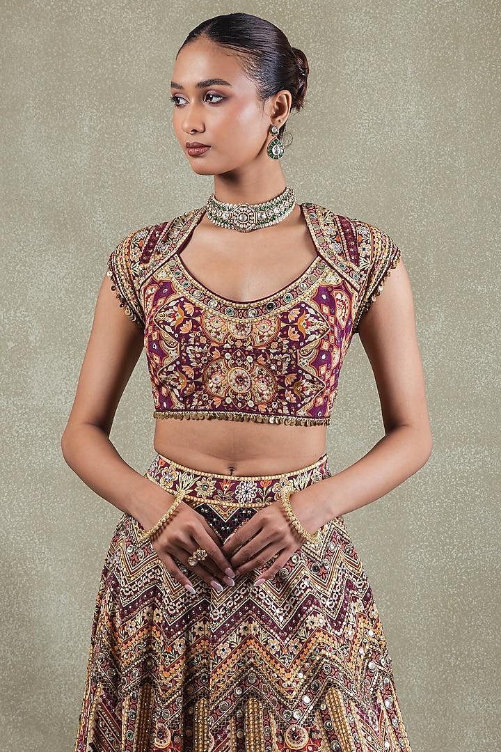 Wine Crepe Digital Printed Wedding Lehenga Set by Vedant G at Pernia's Pop Up Shop