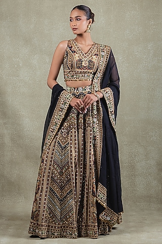Black Crepe Sequins Mirror Embellished Lehenga Set by Vedant G