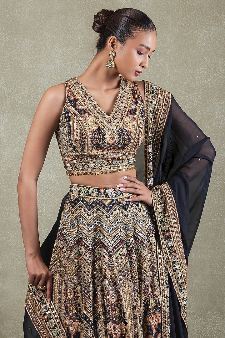 Black Crepe Sequins Mirror Embellished Wedding Lehenga Set by Vedant G at Pernia's Pop Up Shop