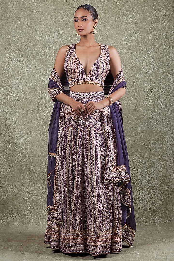 Purple Crepe Sequins Mirror Embellished Wedding Lehenga Set by Vedant G at Pernia's Pop Up Shop