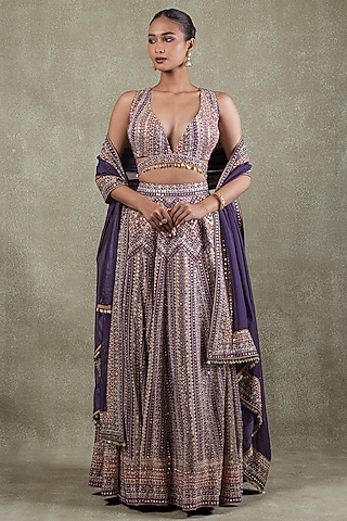 Purple Crepe Sequins Mirror Embellished Lehenga Set by Vedant G