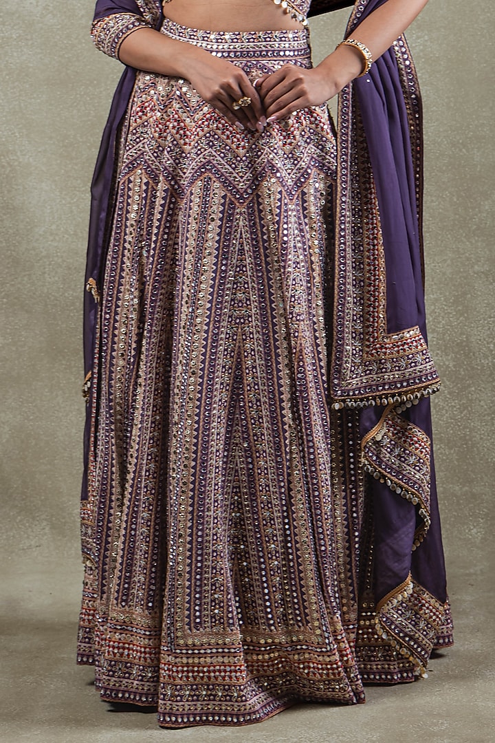 Purple Crepe Sequins Mirror Embellished Wedding Lehenga Set by Vedant G at Pernia's Pop Up Shop