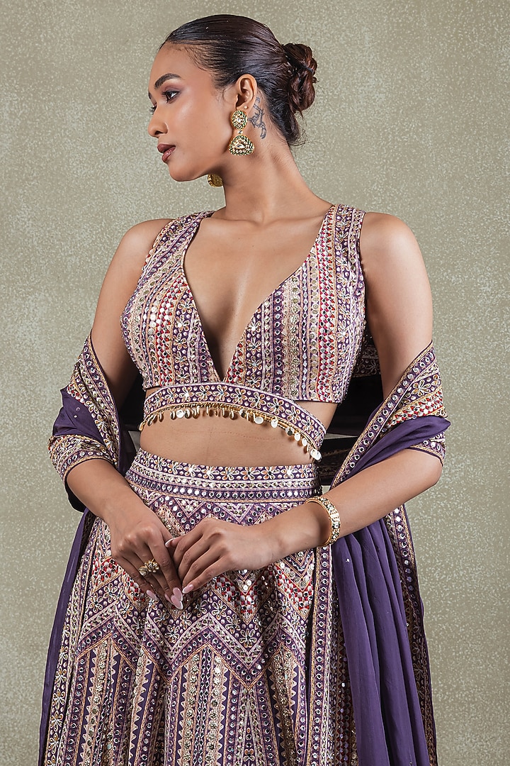 Purple Crepe Sequins Mirror Embellished Wedding Lehenga Set by Vedant G at Pernia's Pop Up Shop