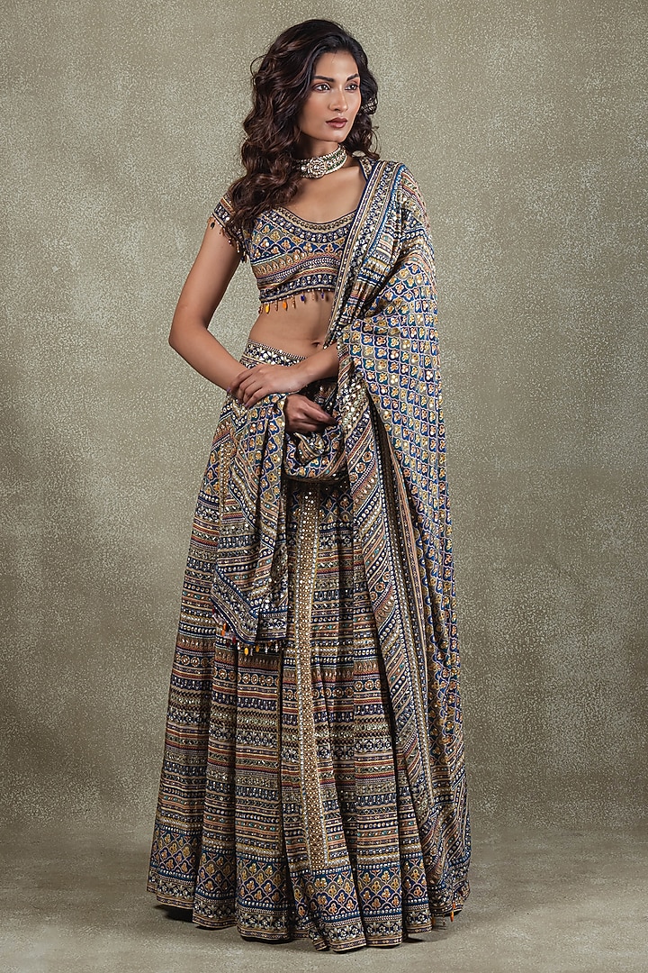 Midnight Blue Crepe Sequins Mirror Embellished Wedding Lehenga Set by Vedant G at Pernia's Pop Up Shop